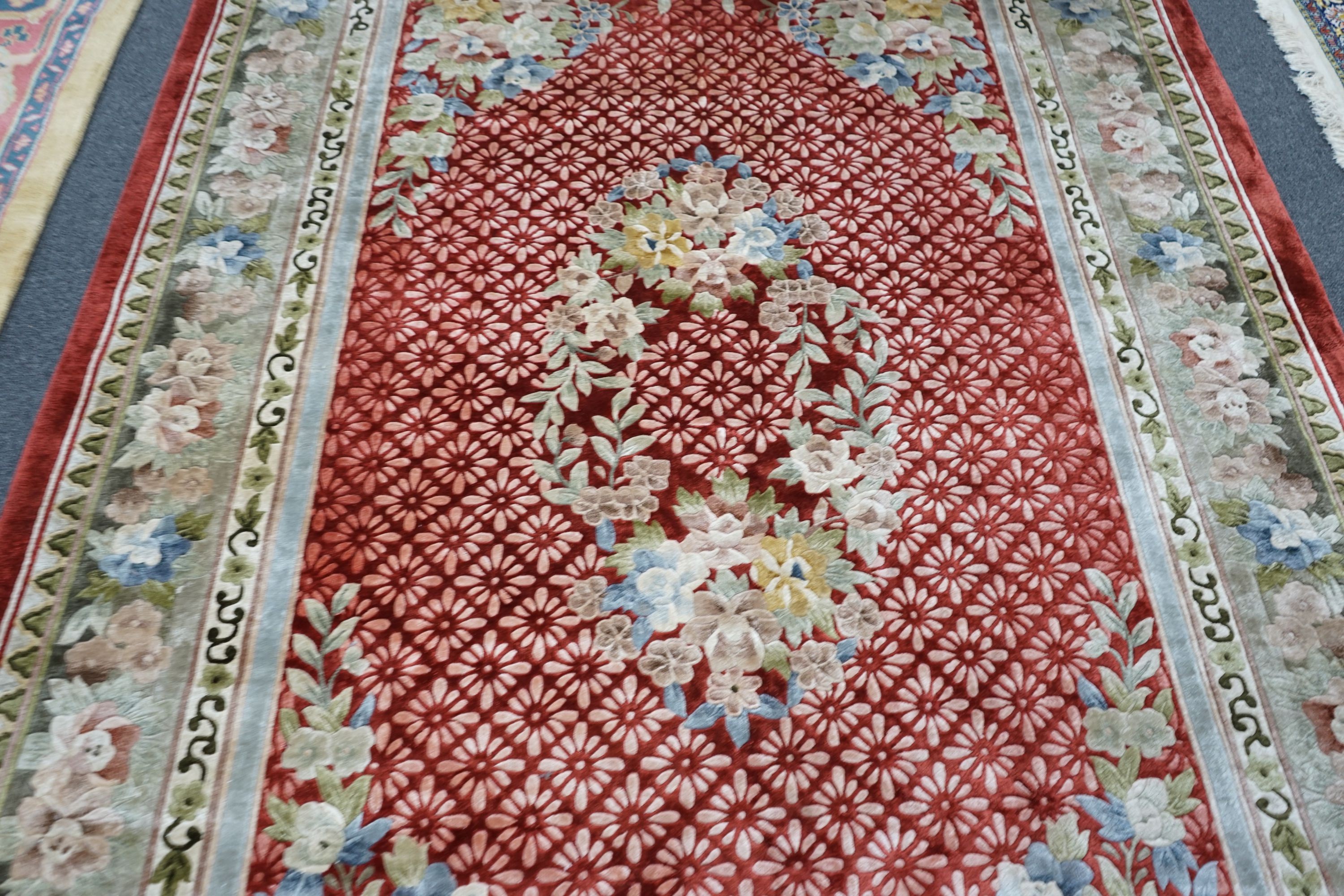 A Canton Chinese silk carpet, 280 x 186cm